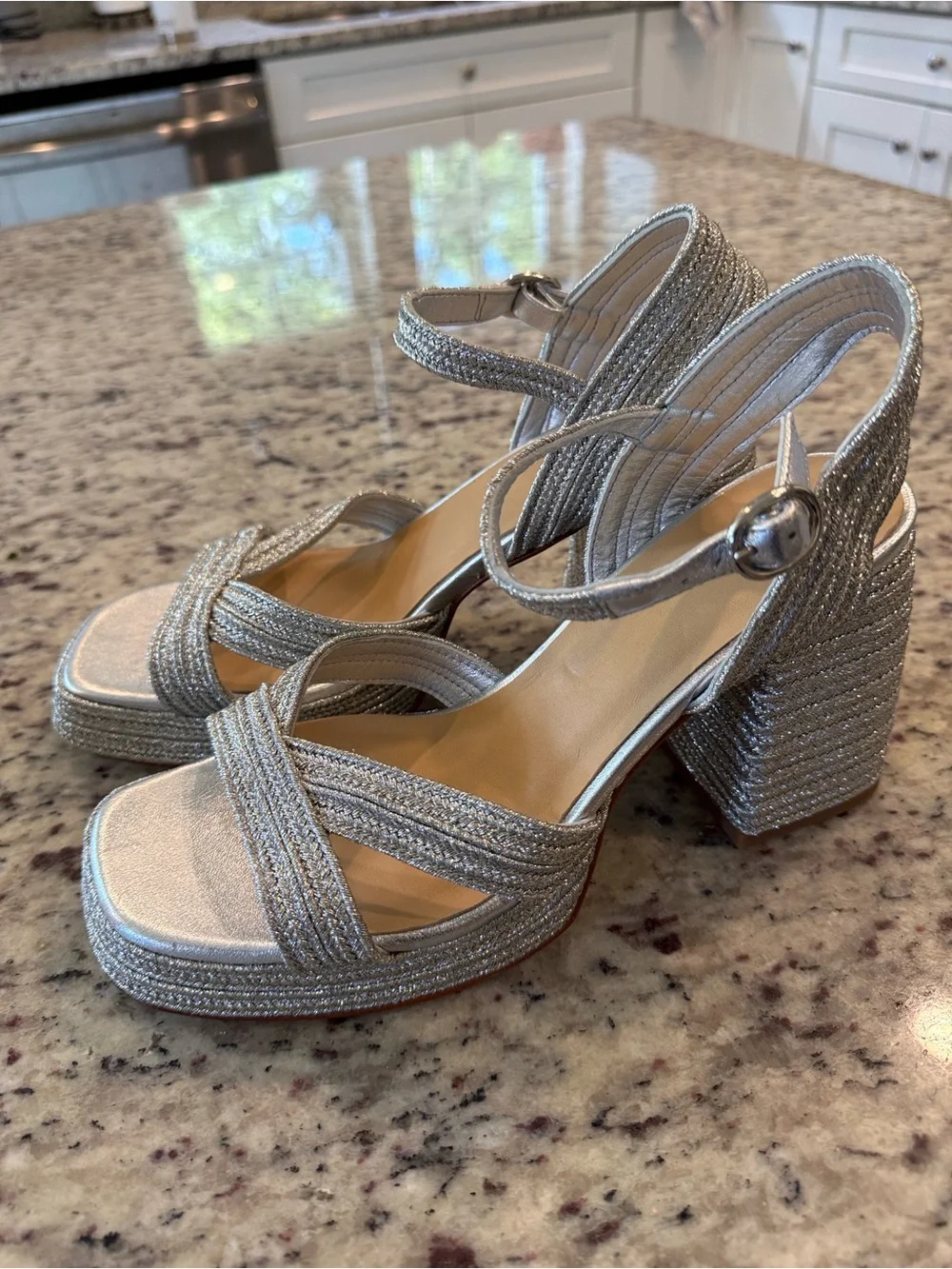 Castañer Valle Metallic Braided Platform Sandals Silver Block Heel NWT sz 8